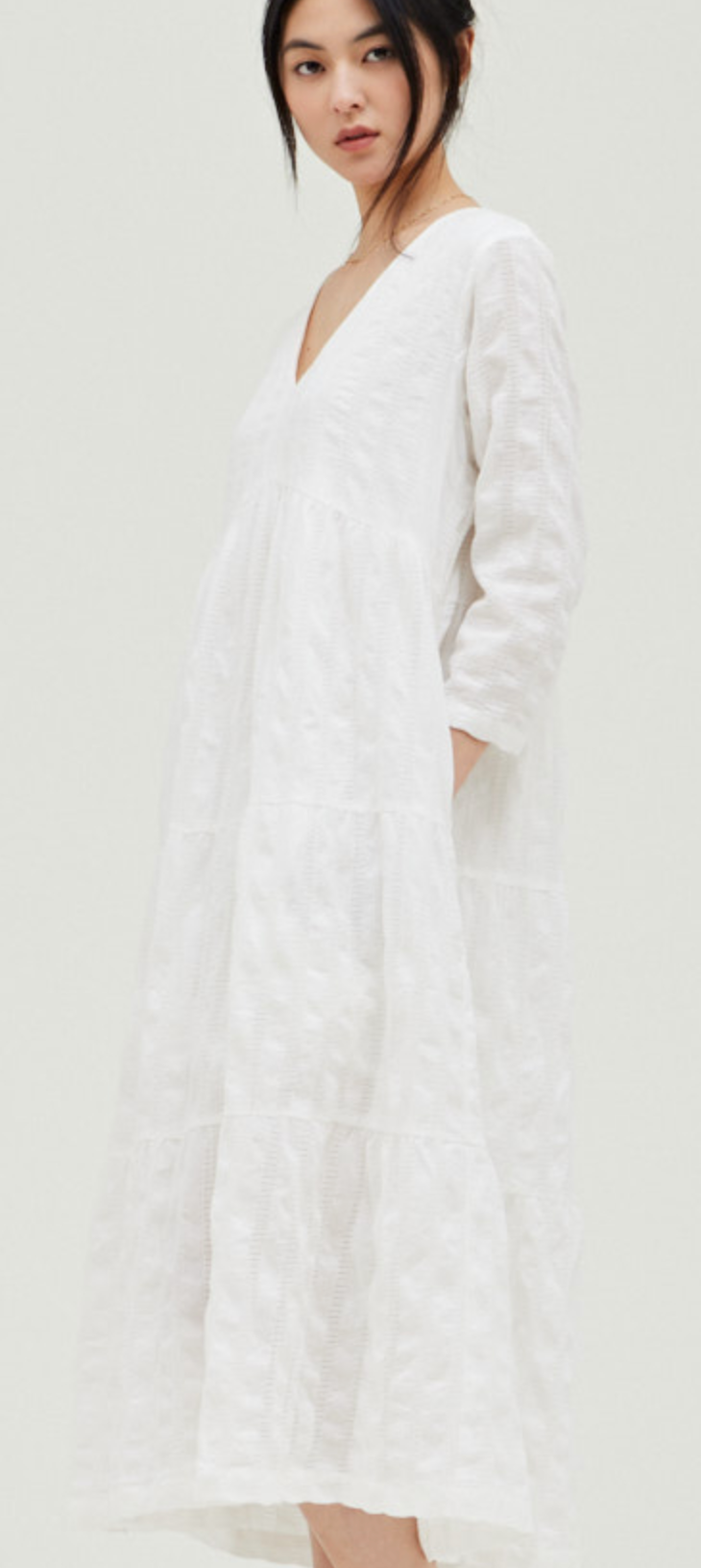 THREE QUARTER SLEEVE COTTON TIERED MIDI DRESS