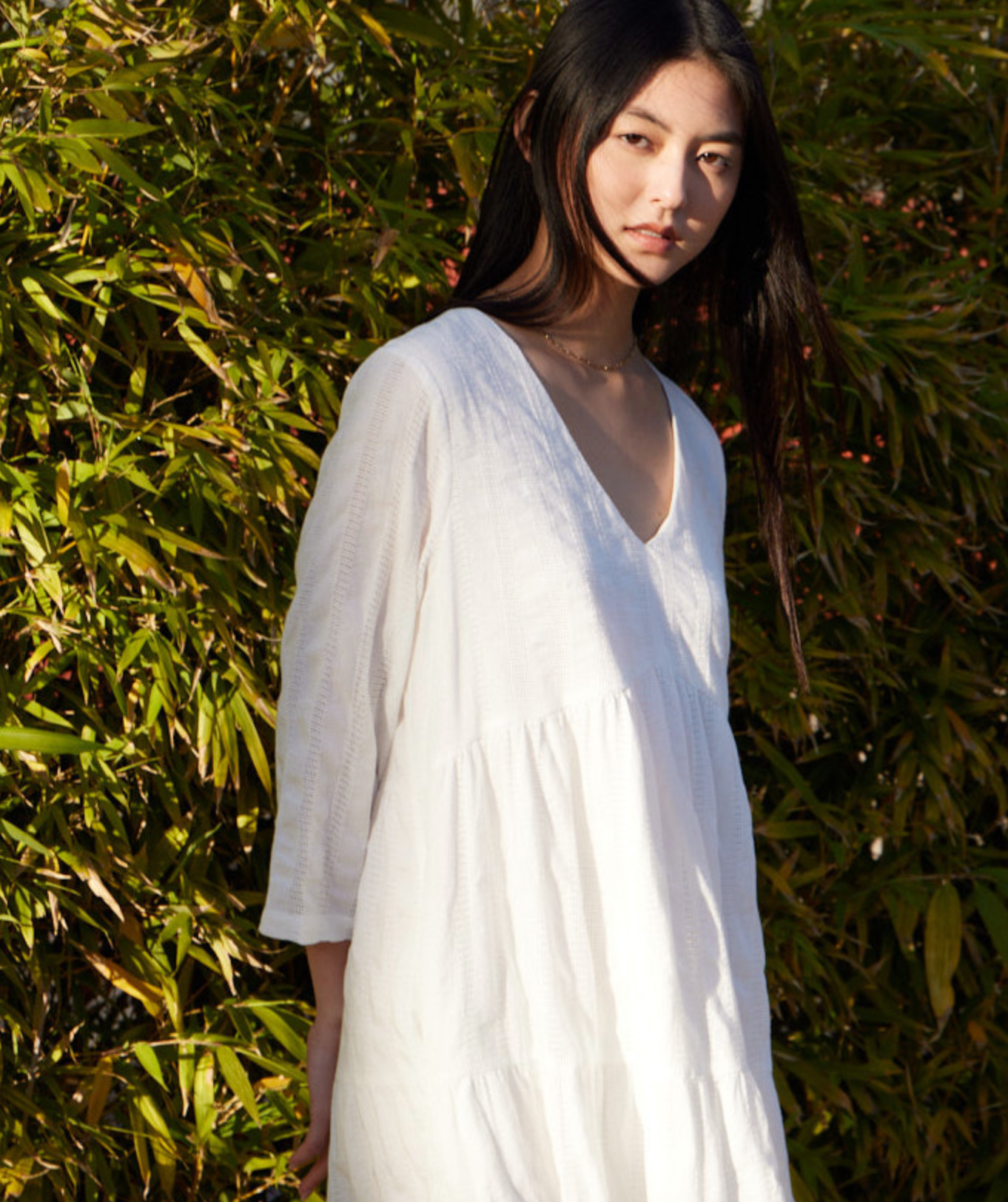 THREE QUARTER SLEEVE COTTON TIERED MIDI DRESS