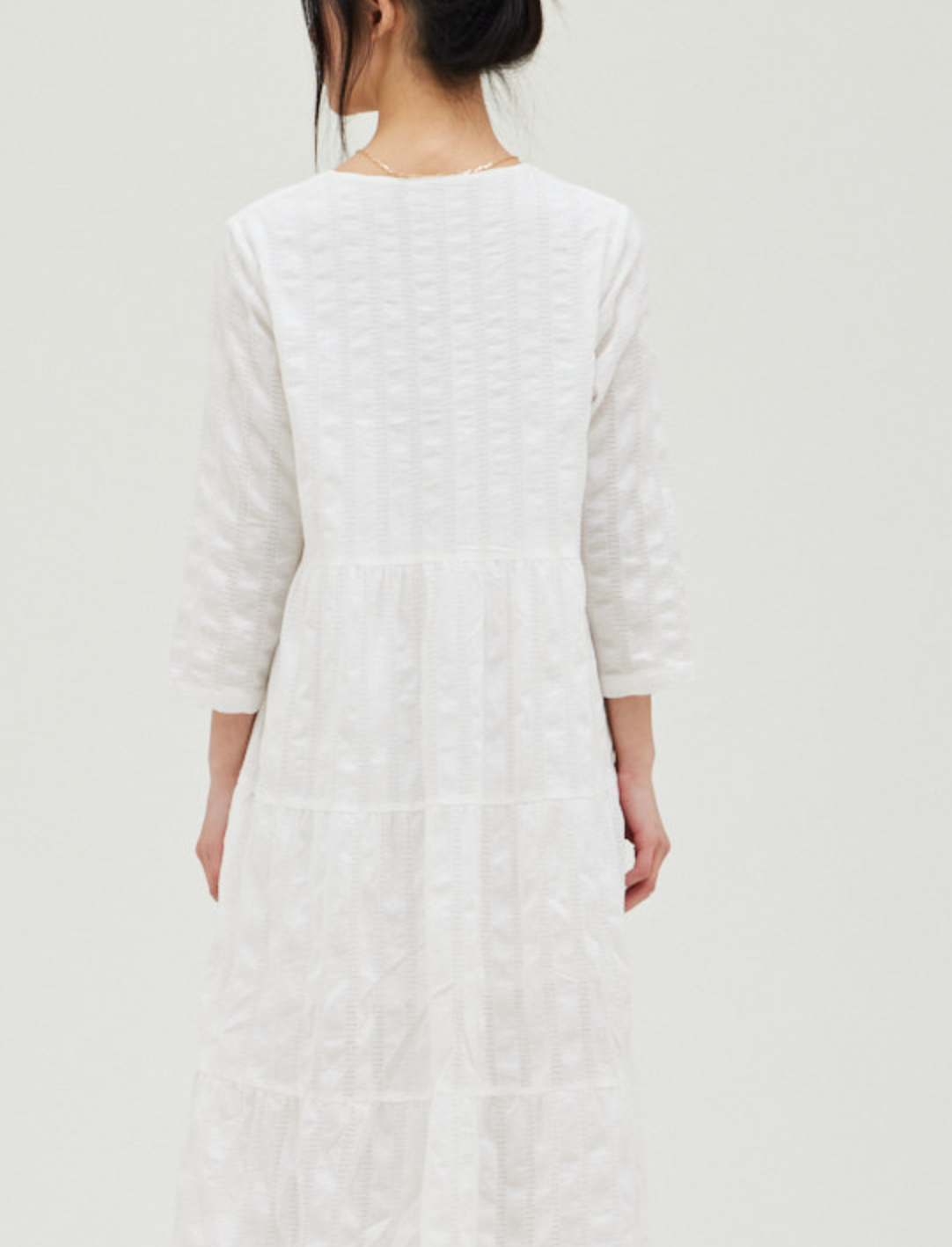 THREE QUARTER SLEEVE COTTON TIERED MIDI DRESS