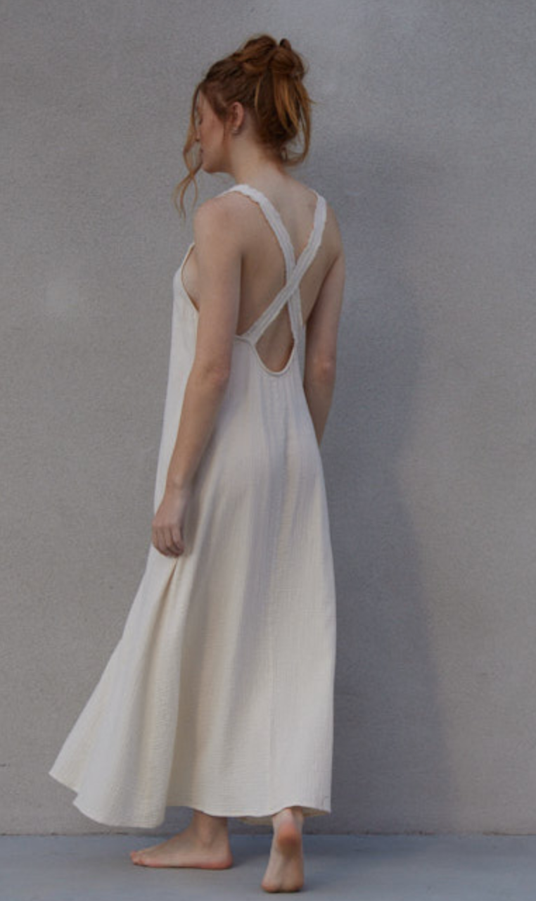 RAW EDGED CROSS BACK COTTON MAXI DRESS