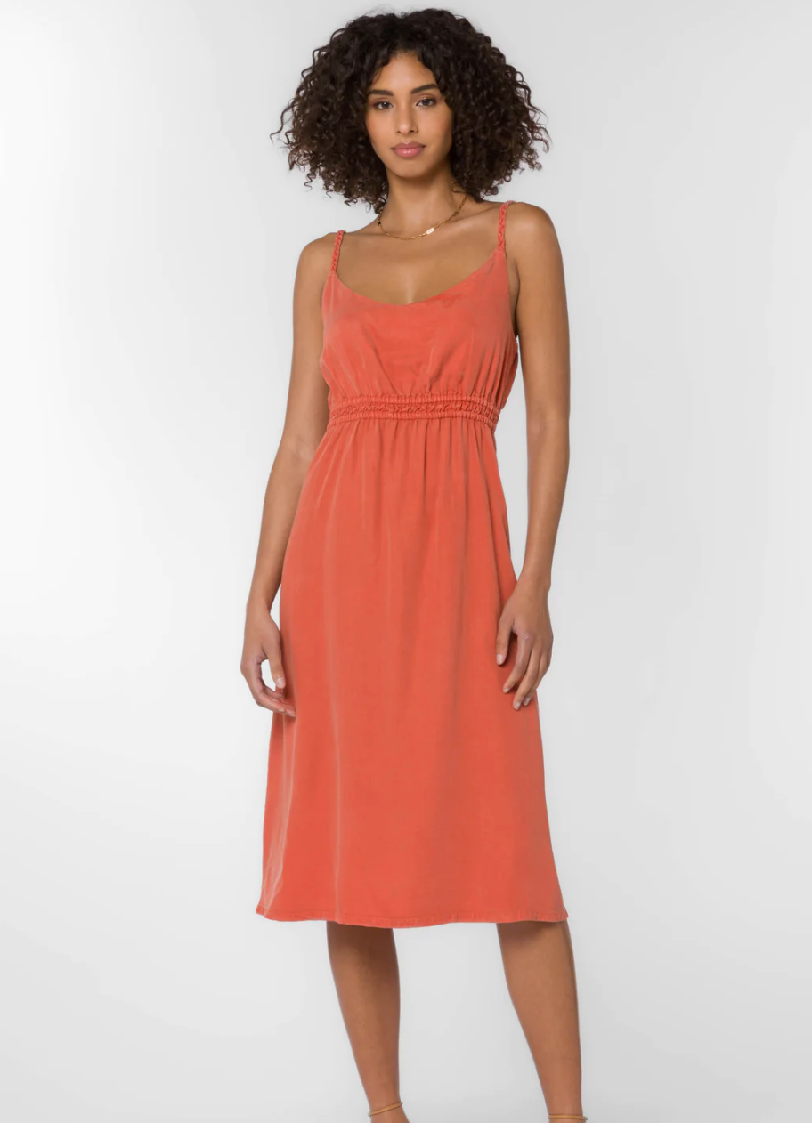 BRAIDED STRAP CUT OUT BACK MIDI DRESS