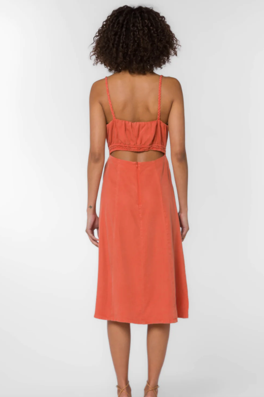 BRAIDED STRAP CUT OUT BACK MIDI DRESS