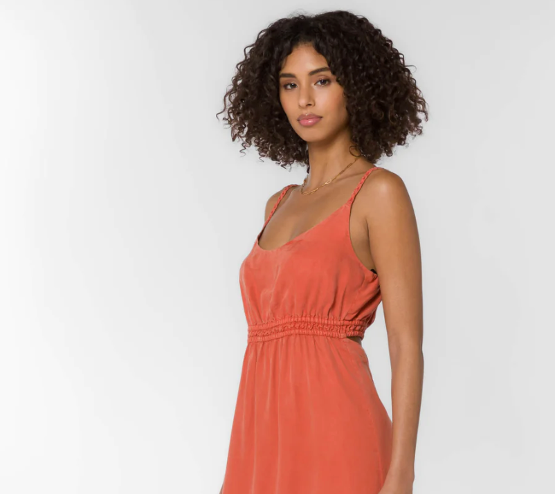 BRAIDED STRAP CUT OUT BACK MIDI DRESS