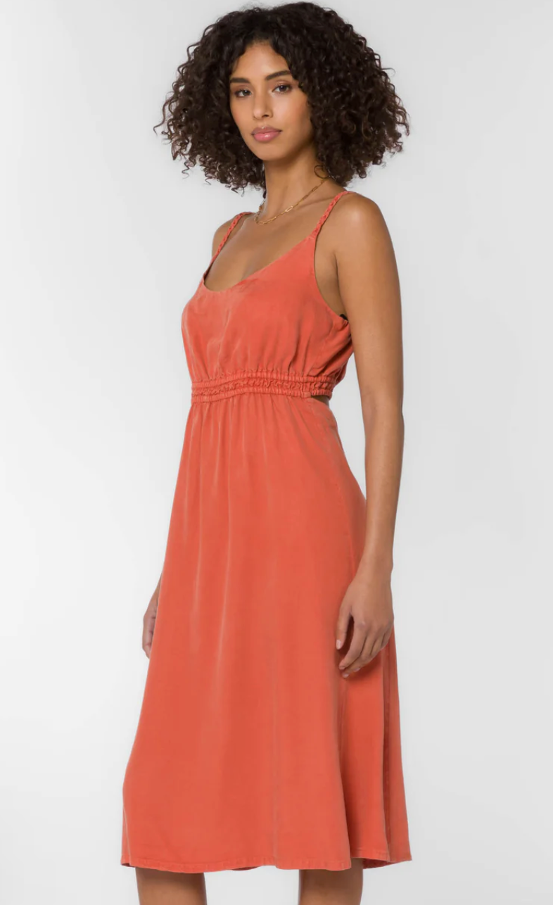 BRAIDED STRAP CUT OUT BACK MIDI DRESS