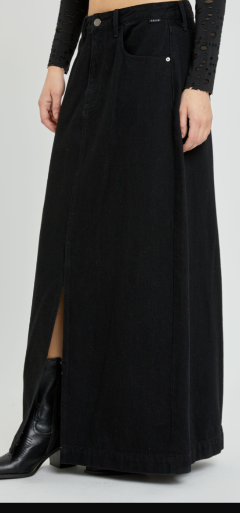 BLACK MID WAIST JEAN MAXI SKIRT