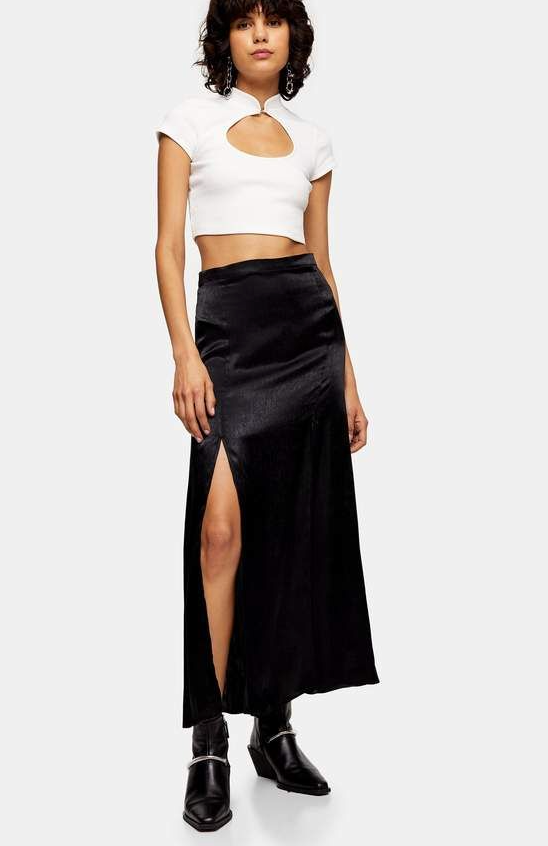 Sateen Midi Skirt with Side Slit