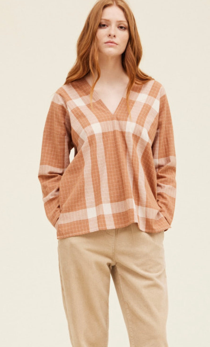 Plaid V-Neck Cotton Blouse