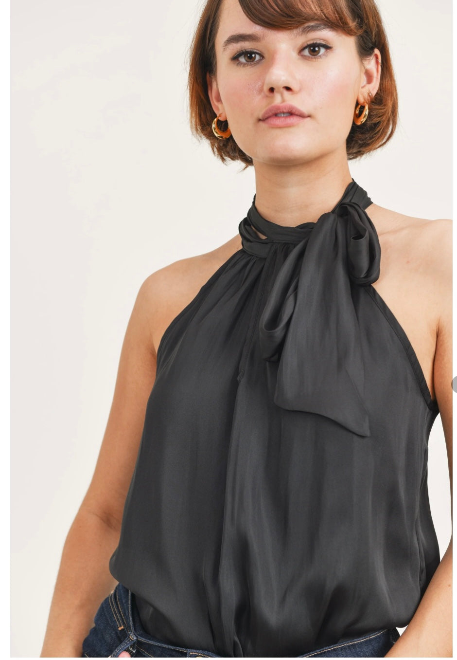SILKY HIGH TIE NECK HALTER TOP