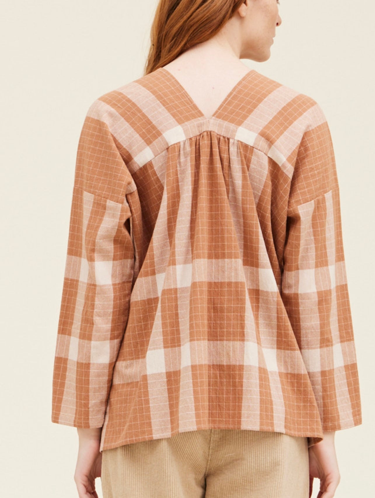 Plaid V-Neck Cotton Blouse