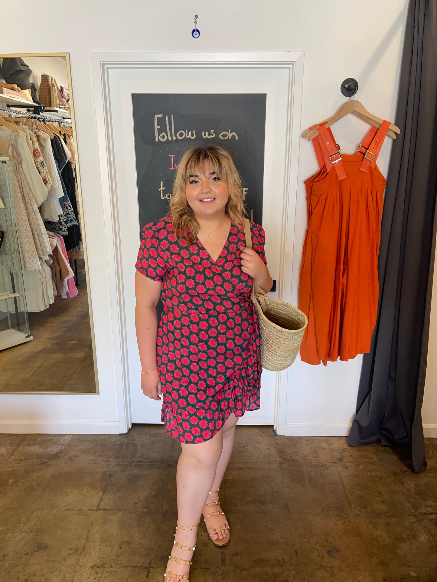 Pink and Green Floral Wrap Dress