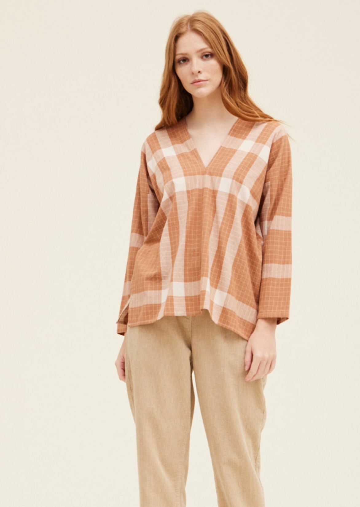 Plaid V-Neck Cotton Blouse