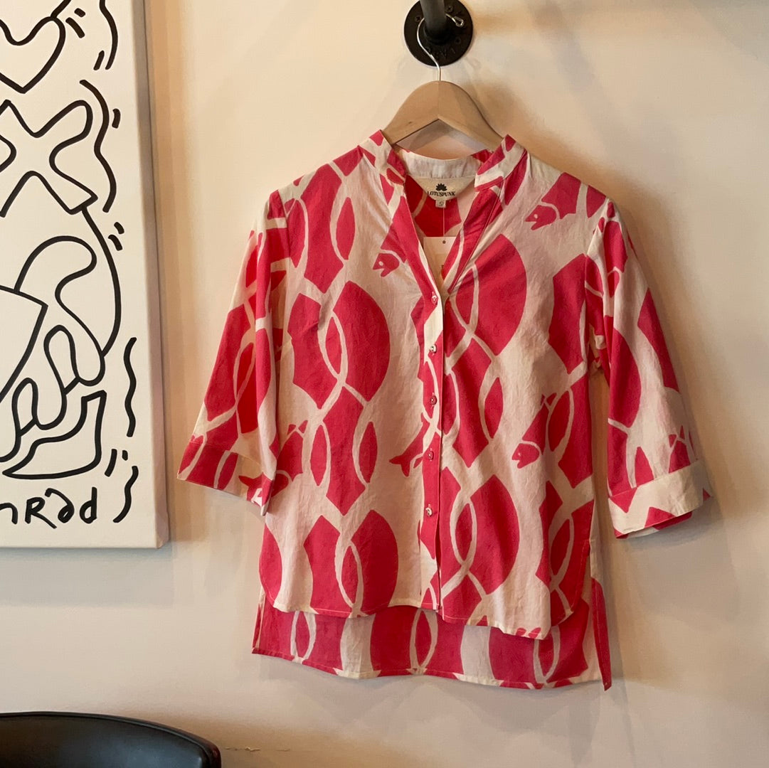 PINK & WHITE FISH PRINT 3/4 SLEEVE BLOUSE