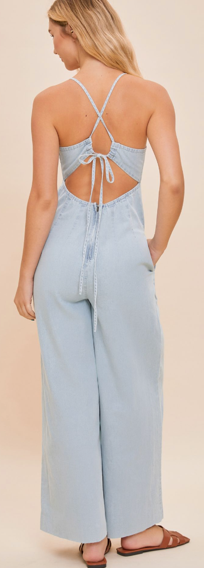 DENIM HALTER WIDE LEG JUMPSUIT