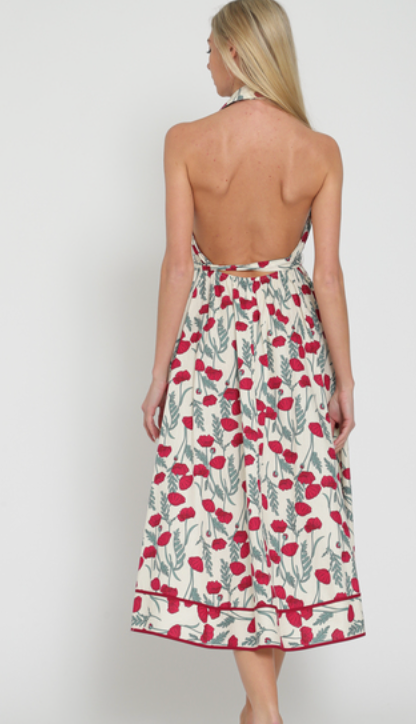 RED FLORAL HALTER MIDI DRESS