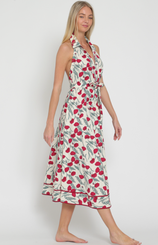 RED FLORAL HALTER MIDI DRESS