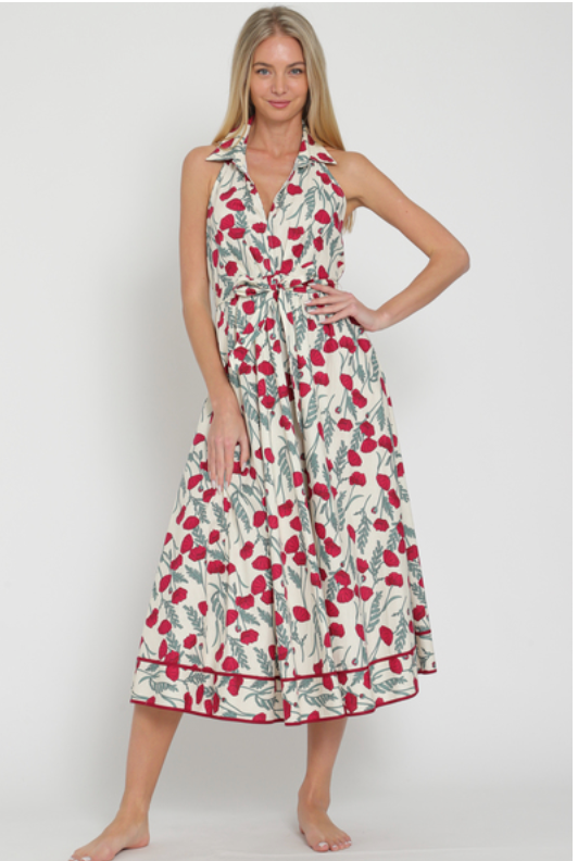 RED FLORAL HALTER MIDI DRESS