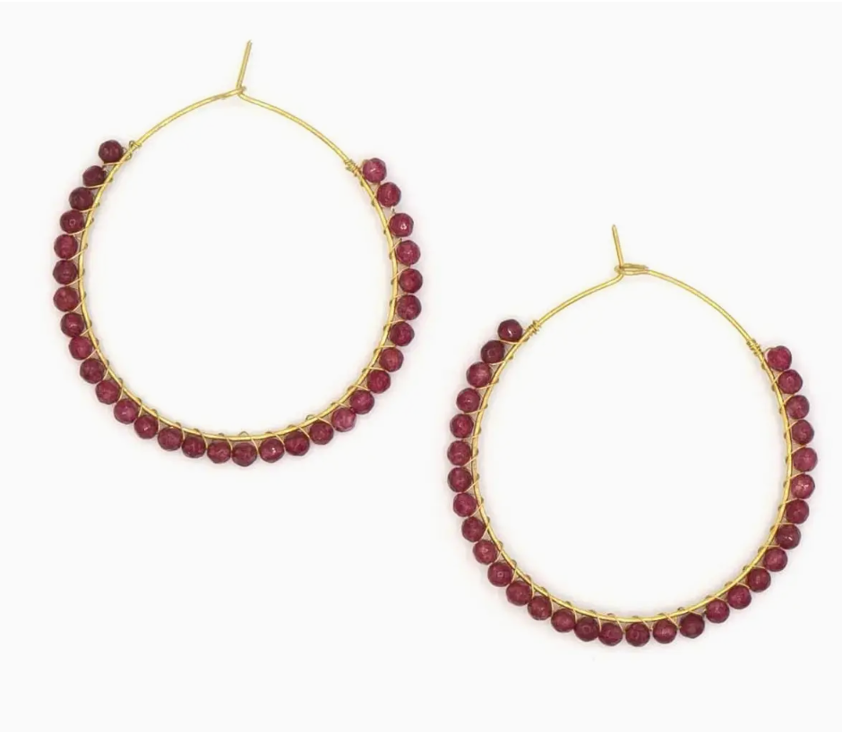 Garnet Wrapped Hoop Earings