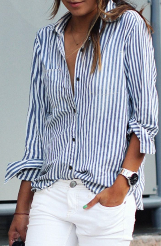 100% Linen Striped Button Up Blouse