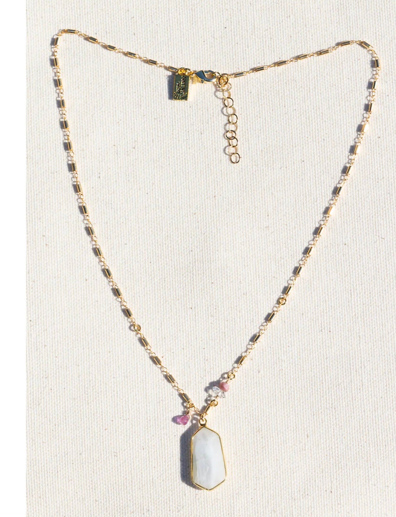 14K Goldfill 16"-18" Necklace Rainbow Moonstone,Pink Sapphire, Herkimer Crystal